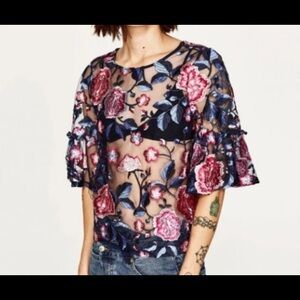 Zara Navy and Pink Floral Embroidered Sheer Crop Top -M